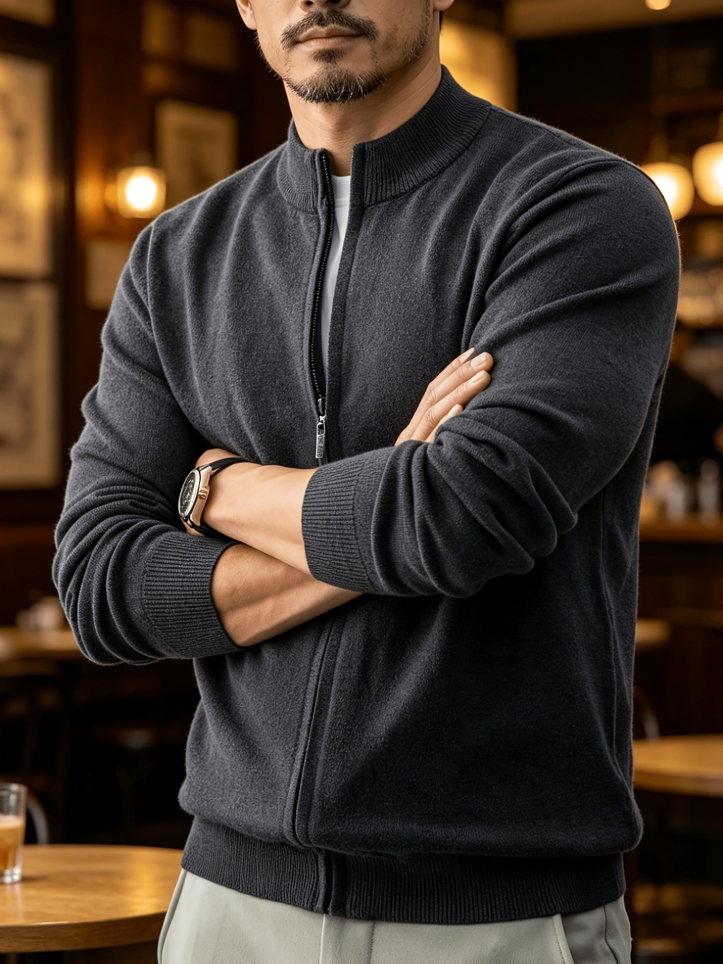 Men's Stand Collar Knit Cardigan Full-Zip Casual Fall Sweater