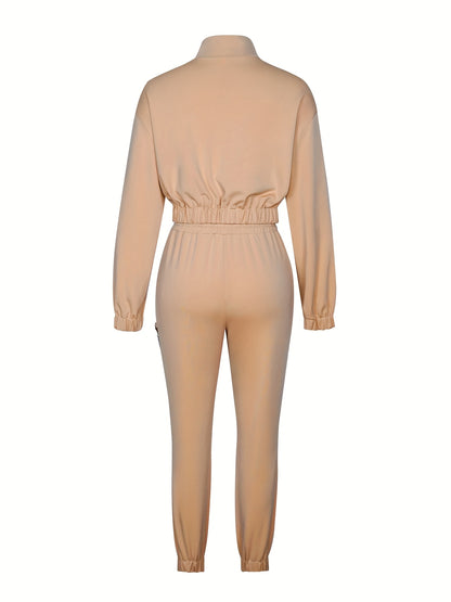 Women's Two-Piece Casual Set with Zipper Patchwork Detail - ayq
