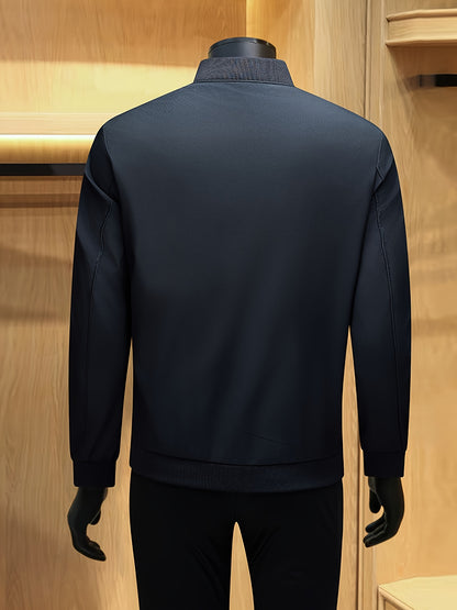 Men's Solid Burgundy (or other colors available) Slim-Fit Full-Length Zip-Up Jacket - Lightweight Business Casual Coat with Full-Length Zipper Closure, White Collar & Full-Length Zip Jacket for Office, Semi-Formal & Semi-Prof