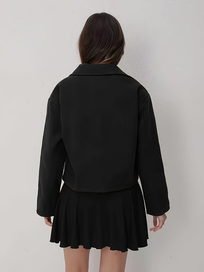 Women'S Solid Color Long Sleeve Zip-Up Jacket - Black, Casual Fall/Winter Outerwear with Pockets, Button-Up Front, and Flap Pockets, Casual Outerwear | Buttonup Jacket | Zippered Jacket, Winter Coat Women, Coat Women Winter,