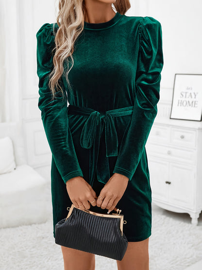 Women'S Emerald Green Velvet Dress with Puff Sleeves & Belted Waist - Elegant Round Neck Fitted Party Dress for Spring/Fall, Christmas & Holiday Events, Festive Occasions, Sophisticated Style, Highquality Finish, Stylish Outf