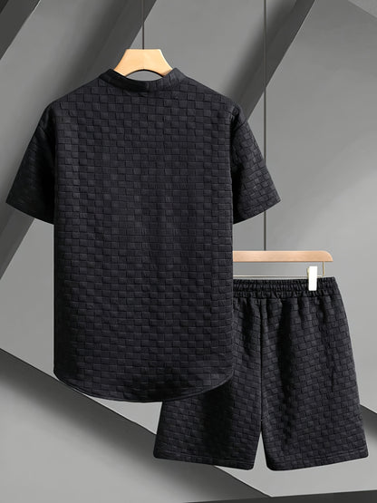 Men'S Casual Short Sleeve Button-Up Shirt & Shorts Set - Solid Black, Breathable Polyester Blend, Regular Fit for Summer, Everyday Comfort, Casual Summer Wear | Buttonup Shirt | Polyester Blend