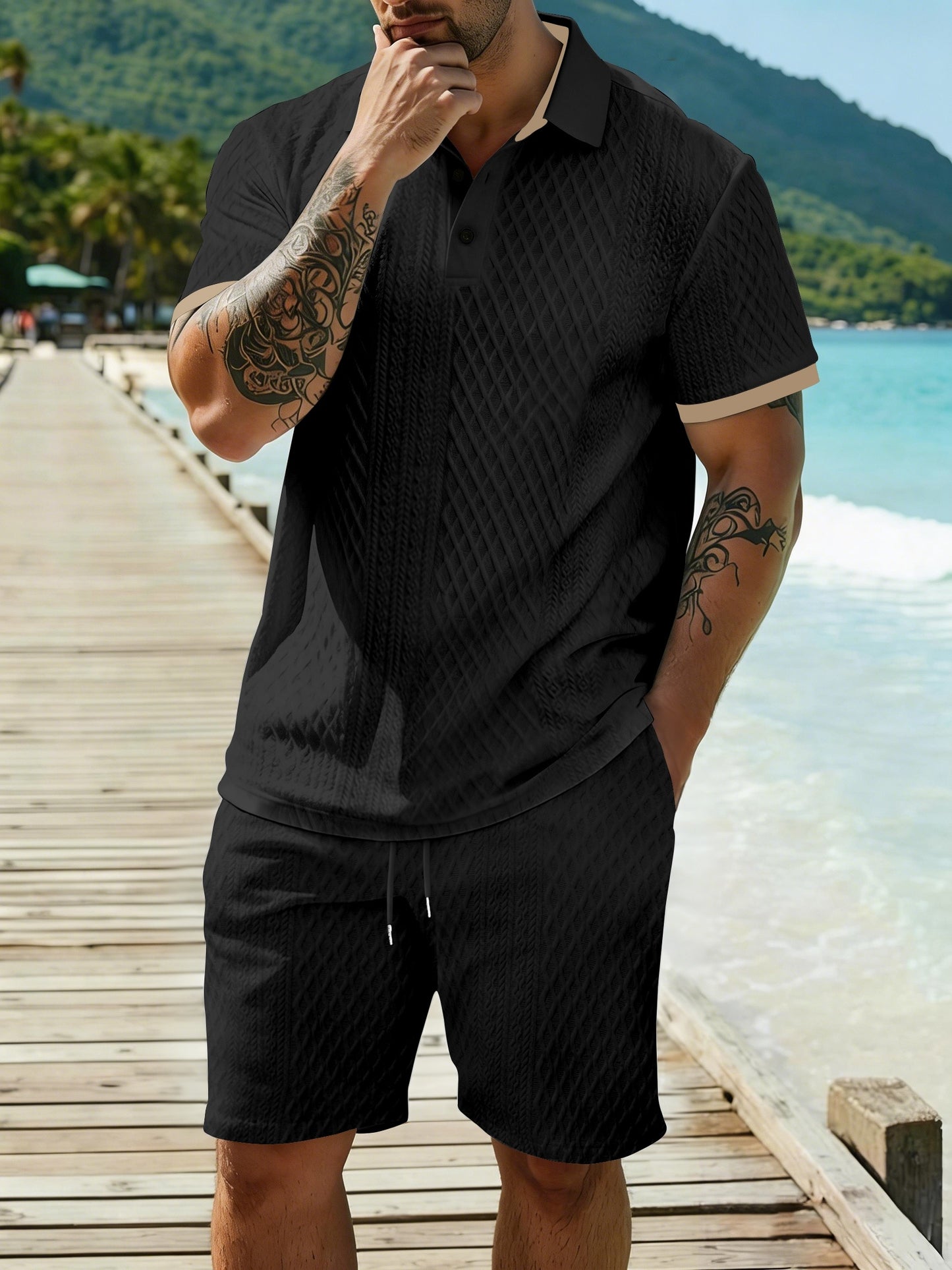 Men's Summer Casual Polo Shirt & Shorts Set with Geometric Print