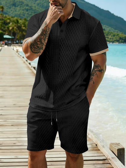 Men's Summer Casual Polo Shirt & Shorts Set with Geometric Print