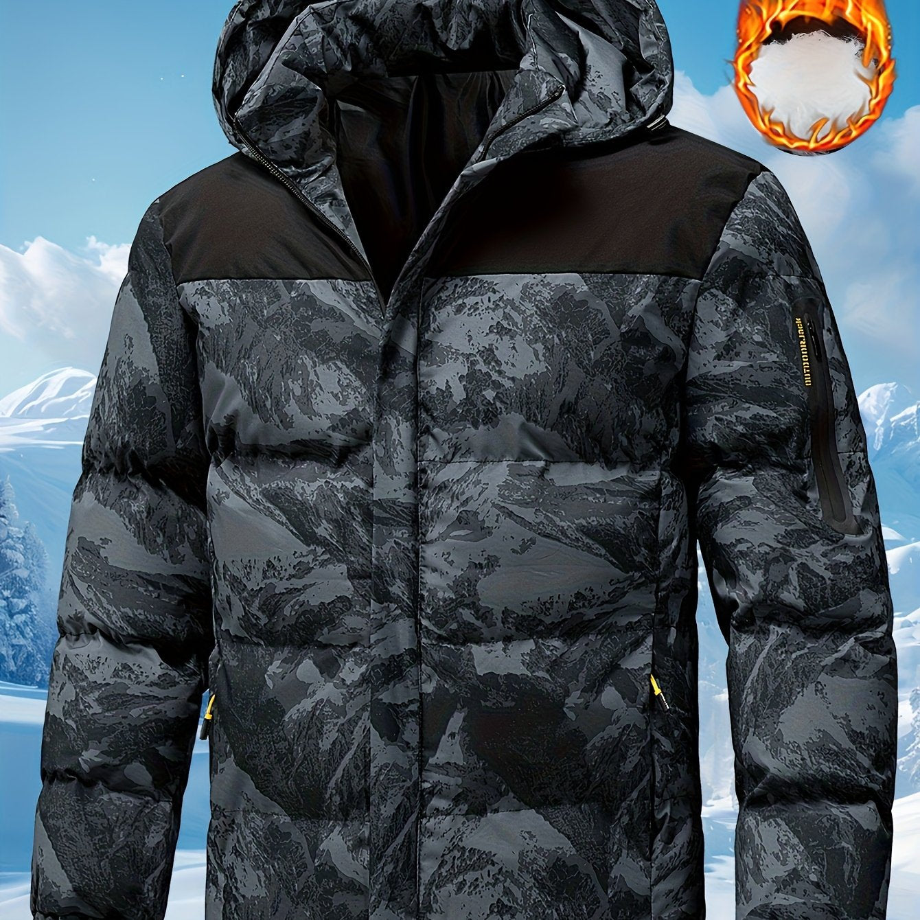 Men'S Heavyweight Winter Jacket - Windproof Thermal Insulated Hooded Coat with Full-Zip Closure, Adjustable Hood & Zippered Arm Pockets - Cold Weather Skiing, Snowboarding, Outdoor Activities - Black/White Camo Pattern - Poly