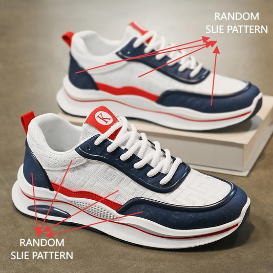 Men's Lightweight Breathable Low-Top Sneakers - PU Upper  PVC Sole, White/Navy/Red Accents, Lace-Up Round Toe for Casual, Outdoor, Running  Gym - All-Season Comfort Shoes, Casual Footwear, Geometric Pattern, Comfortable Fit