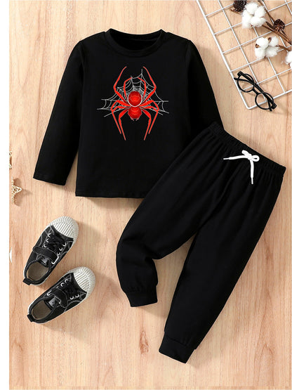 Boys Cotton Spider Print Casual Fall Winter Long Tee & Pants Set