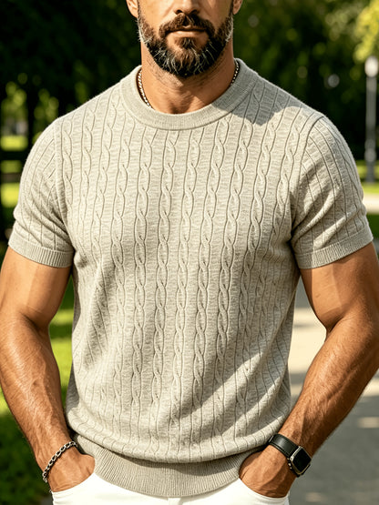 Men's Summer Short Sleeve Knit Sweater Shirt - Vintage Cable Crew Neck