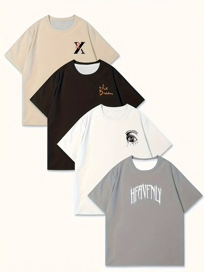 Set of 4 Men'S Graphic T-Shirts - Featuring Designs Like 'Heavenly', Casual Round Neck Short Sleeves Made of Lightweight Polyester, Perfect for Summer Outdoor Wear, a Great Gift for Family.