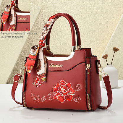 Embroidered Colorful Wo 'S Handbag with Random Scarf Color, Business Spring/Summer Date, Casual Travel, Mother'S Day Gift, Large Capacity, Middle-Aged, Commuting, Contrast Color
