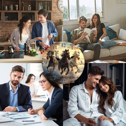 One piece, wooden wall clock with running horses pattern design, modern wall aesthetic decorative art wall clock, silent, suitable for living room, bedroom, kitchen, office decoration, home decoration, ideal Christmas, New Ye