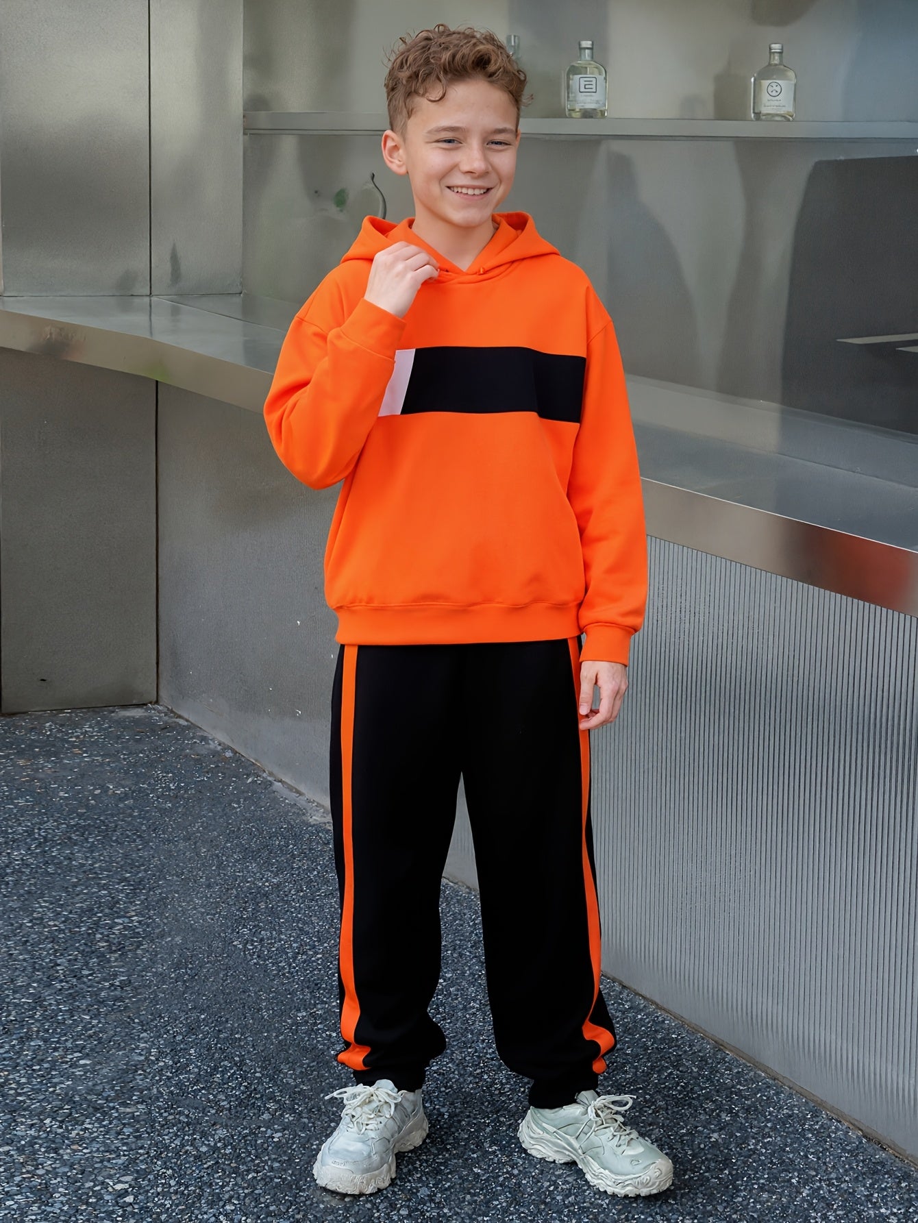 2pcs Boys' Winter Hooded Sweatsuit & Pants - Warm Sweater Outfit with Matching Long Pants, Colorblock Hoodie (Suitable for & Big Kids) - Machine Washable 2pcs set, Perfect for Outdoor