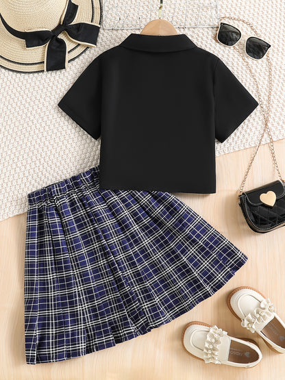 Girls' Preppy Short-Sleeve Shirt & Pleated Skirt Set for Summer