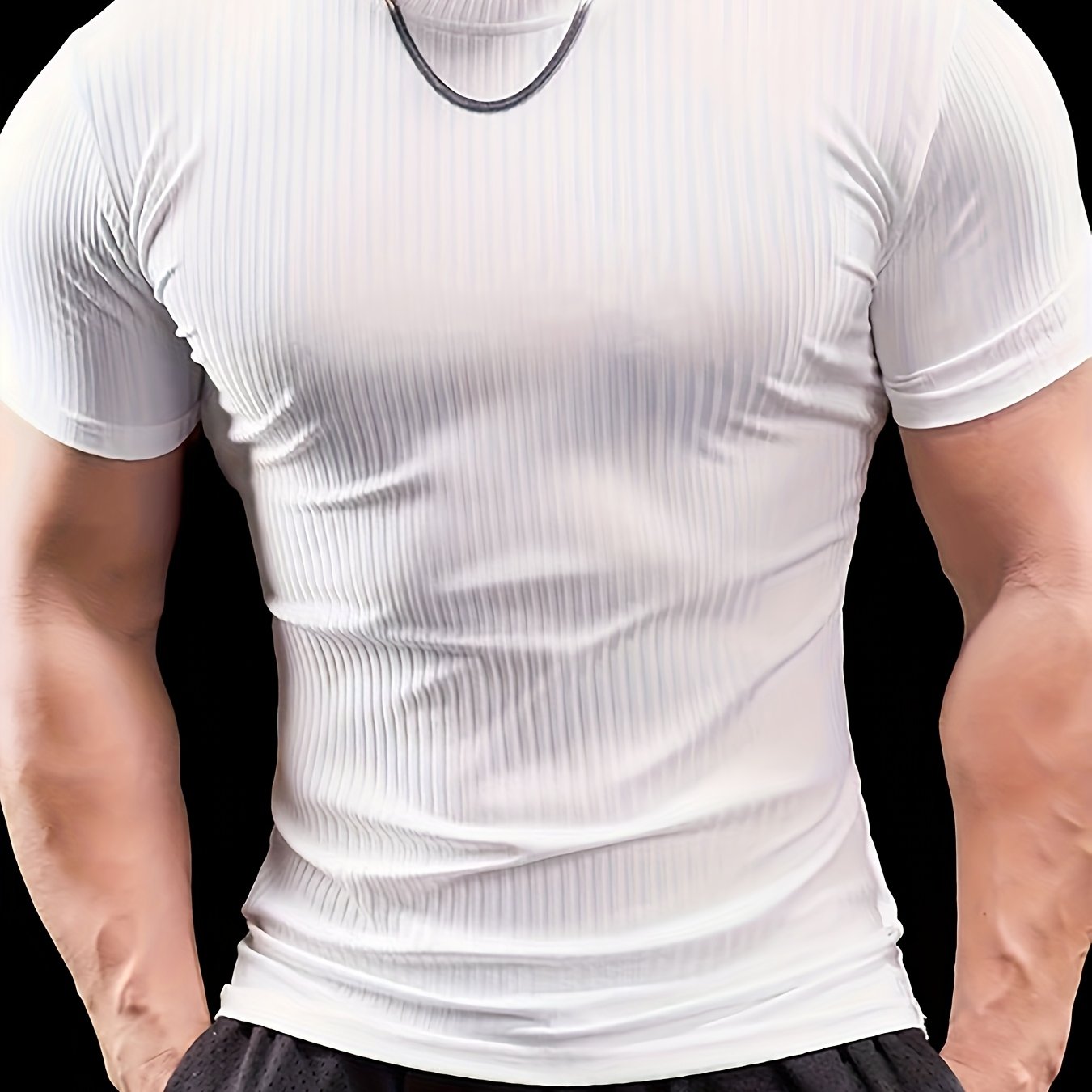 Men's Slim Fit Ribbed Short Sleeve T-Shirt - Stretchy Athletic  Casual Wear, Green, Round Neck, Machine Washable, Muscle-Enhancing Design, Gym Shirts