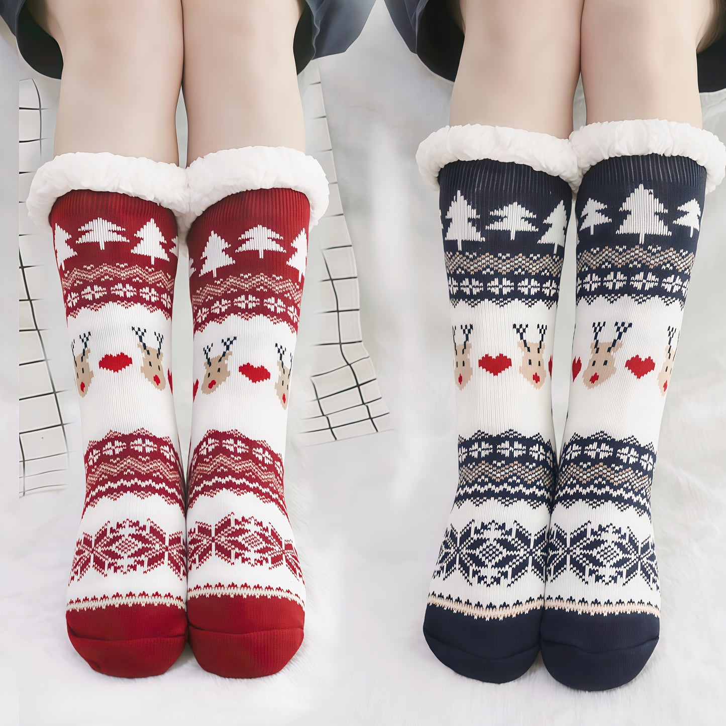 2 Pairs of Extra Thick Fleece-Lined Christmas Socks, Double Warmth and Comfort with Non-Slip Design for Indoor Use by Men & Women - Perfect Gift Idea, Winter Socks For Women, Socks For Women Winter, Christmas Fleece Socks, Be