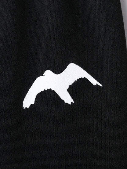 2pcs Boys' Autumn/Winter Fleece-Lined Hooded Zip-Up Jacket and Pants Set with Bird Print, Simple Color Block Design with Pockets, Fashionable Sporty Outfit for Outdoor Activities and Daily Wear, 100% Polyester Knit Stretch Fa