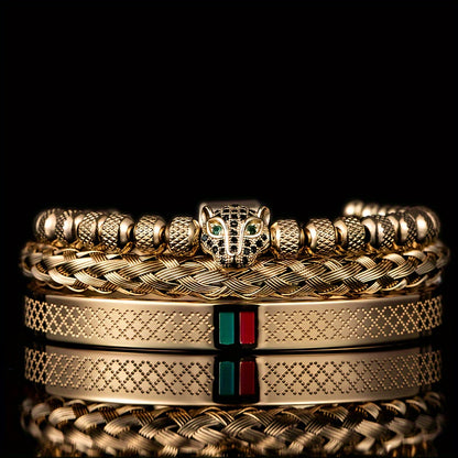 European and American Classic Light Luxury Leopard Head Handmade Braided Men's Bracelet Red Green Drop Glue Bracelet Set