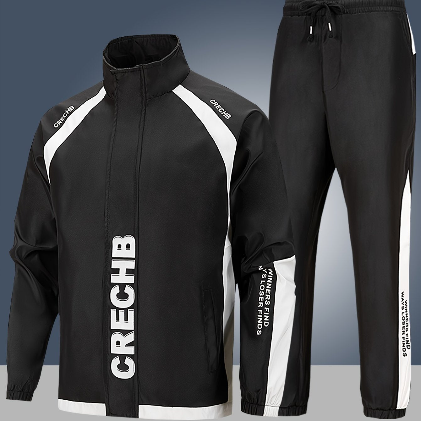 2025 New Casual Sports Set Men'S Spring and Autumn New Trendy Print Jacket, 100% Polyester, Soft Fabric Machine Washable, Casual Sports Loose Running Suit 2pcs Set, For Teenager