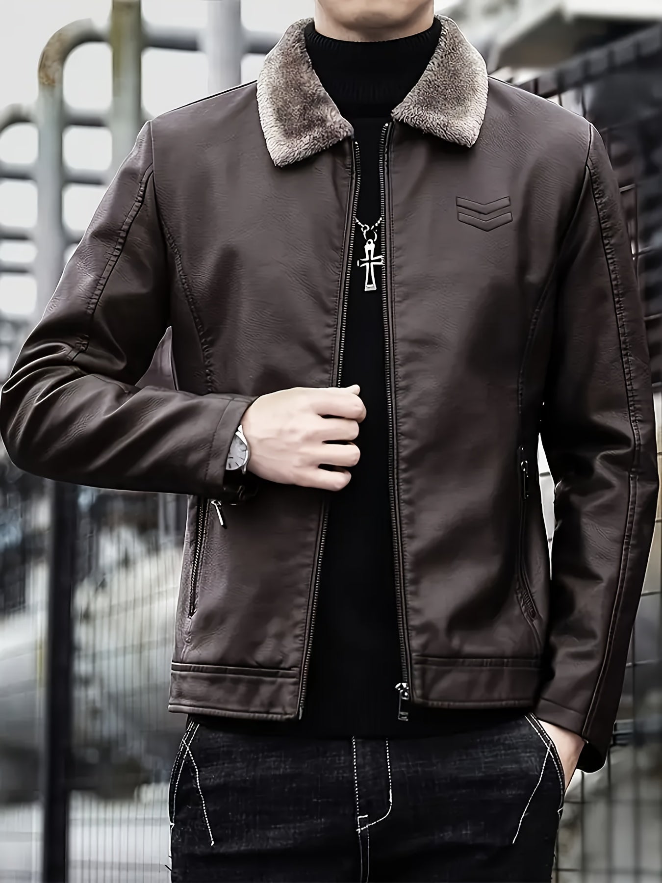 Men's Windproof Winter Jacket with Fleece & Collar, Zippered Pockets, Warm Coat for Skiing, Hiking, Motorcycle Riding - Hand Washable Cold Weather Outerwear (Black/Brown), Winter Clothes Men, Bomber Jackets For Winter, Mens W