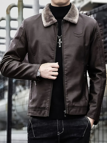 Men's Windproof Winter Jacket with Fleece & Collar, Zippered Pockets, Warm Coat for Skiing, Hiking, Motorcycle Riding - Hand Washable Cold Weather Outerwear (Black/Brown), Winter Clothes Men, Bomber Jackets For Winter, Mens W