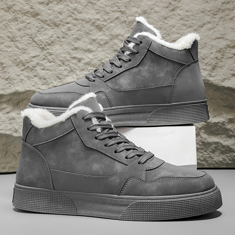 Men's Winter Warm Mid-Top Sneakers - Heavy-Duty Insulated Ankle Shoes with Thick Traction PVC Sole, Upper & Grey/White Beige Lining for Outdoor, Hiking, Skateboarding & Casual (Cold Weather) - Lace-Up Boots, Shoes For Men