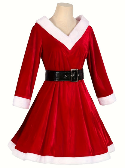 Women'S Elegant Red & Poinsettia Christmas Hooded V-Neck Party Dress with Belt - Sexy Temptation Outfit for Nightclub, Bar, Holiday Events - All-Season Formal &