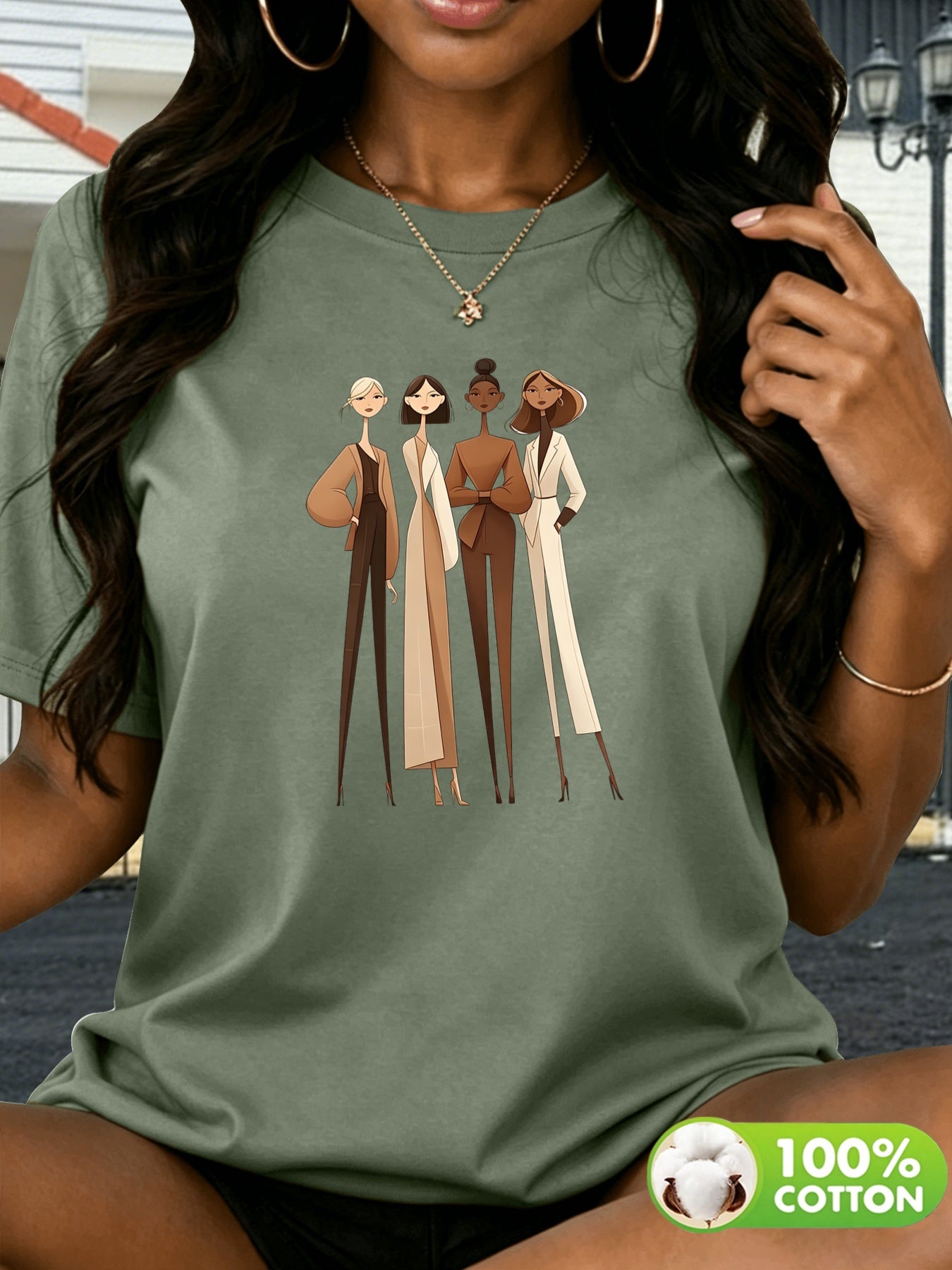 Women's 100% Cotton Short Sleeve Casual T-Shirt with Geometric Print