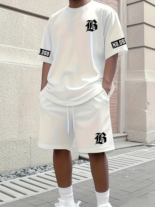 Men's Casual T-Shirt and Shorts Set with Bold "B" Print - Polyester Knit Fabric, Machine Washable, Summer Streetwear, Perfect for Outdoor Activities and Comfortable Leisure Wear