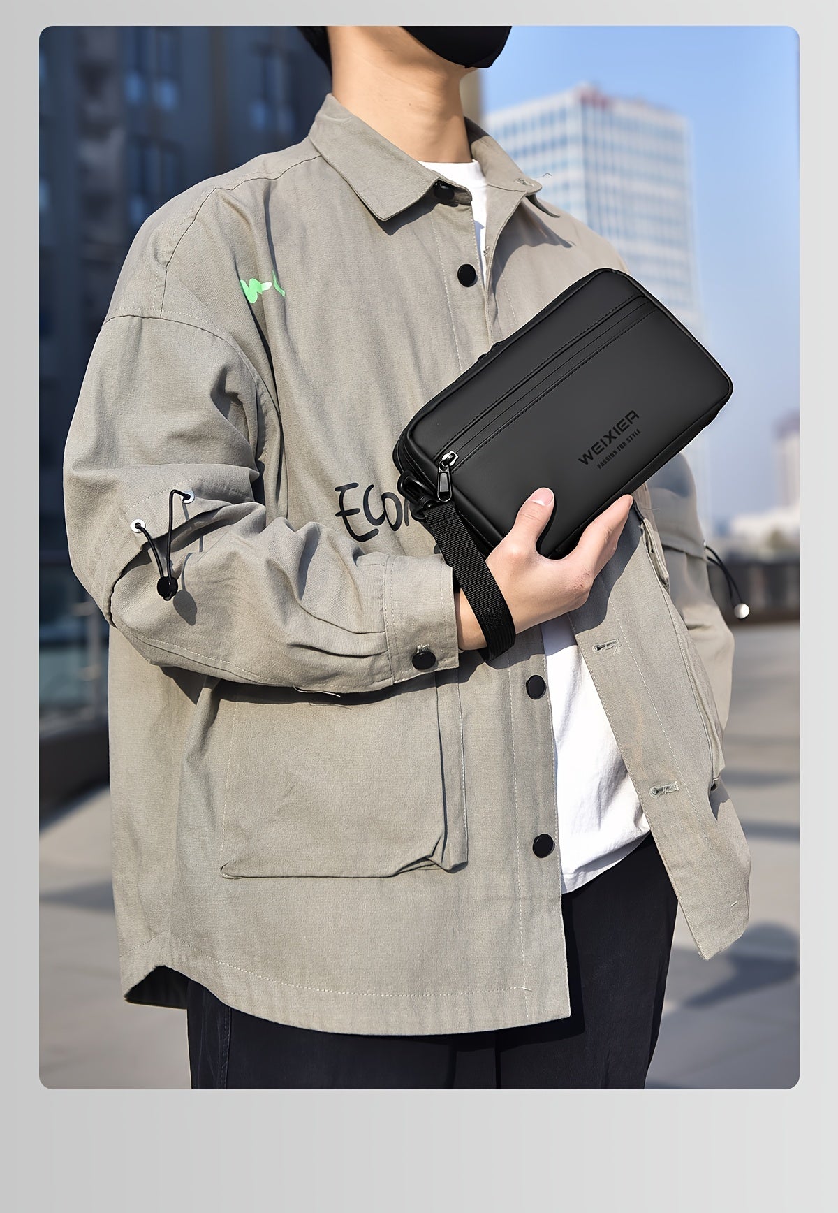 WEIXIER Men's Casual Nylon Handbag - Large Capacity with Adjustable Wrist Strap, Sleek Black for Daily Use, Valentine's Day Gift for Him, Outdoor Bag   Casual Style   Nylon Material