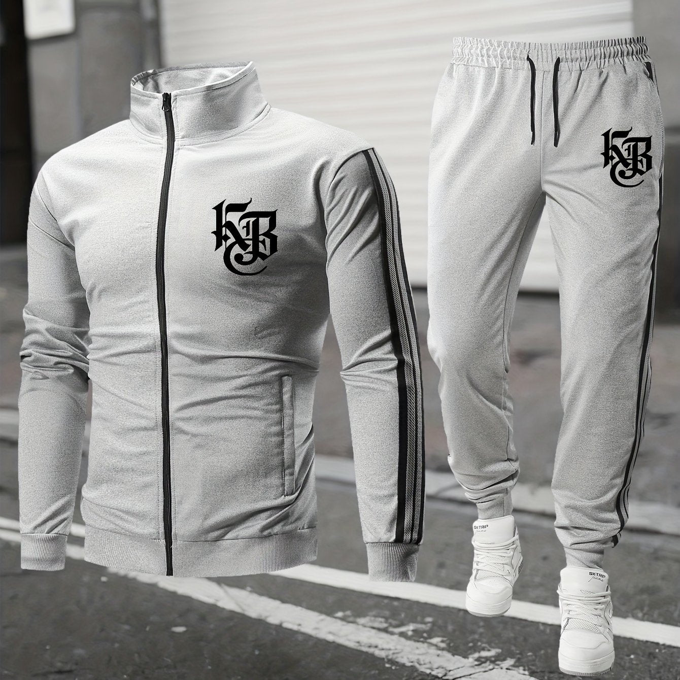 Casual Print Full-Zip Men'S Sportswear Set, Suitable for Gym Workouts And Running, Includes a Long-Sleeve Stand-Up Collar Jacket And Elastic Waist Joggers in a 2pcs Set