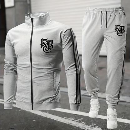 Casual Print Full-Zip Men'S Sportswear Set, Suitable for Gym Workouts And Running, Includes a Long-Sleeve Stand-Up Collar Jacket And Elastic Waist Joggers in a 2pcs Set