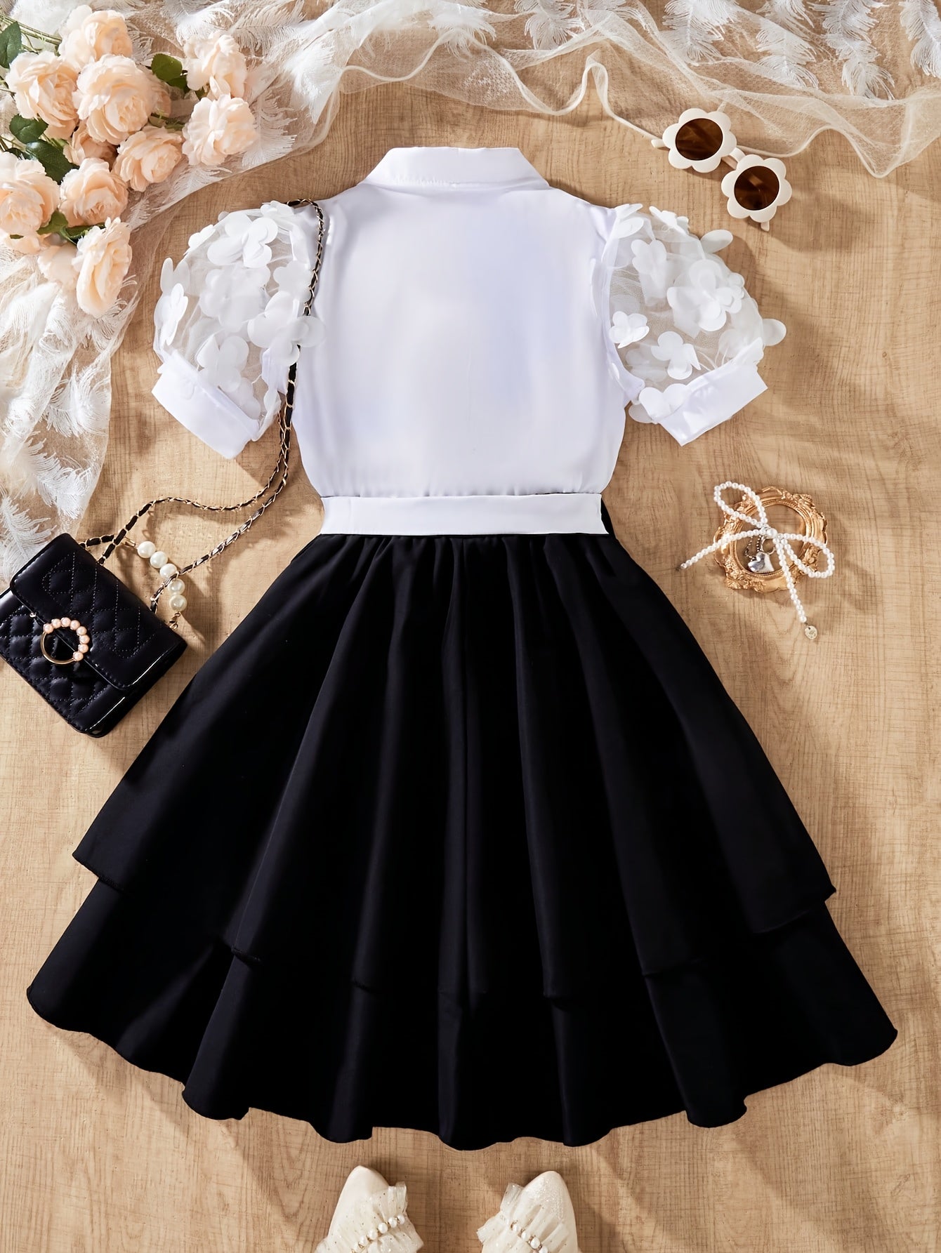 Girls' Summer Layered Skirt Set with Floral Tulle Top & Cardigan