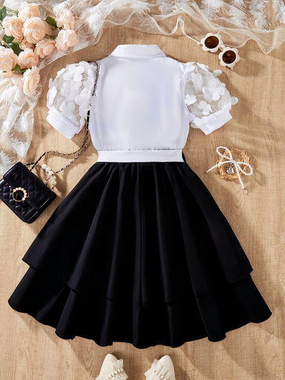 Girls' Summer Layered Skirt Set with Floral Tulle Top & Cardigan