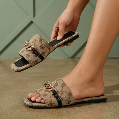 Women’s Crystal Chain Square-Toe Flat Summer Slides