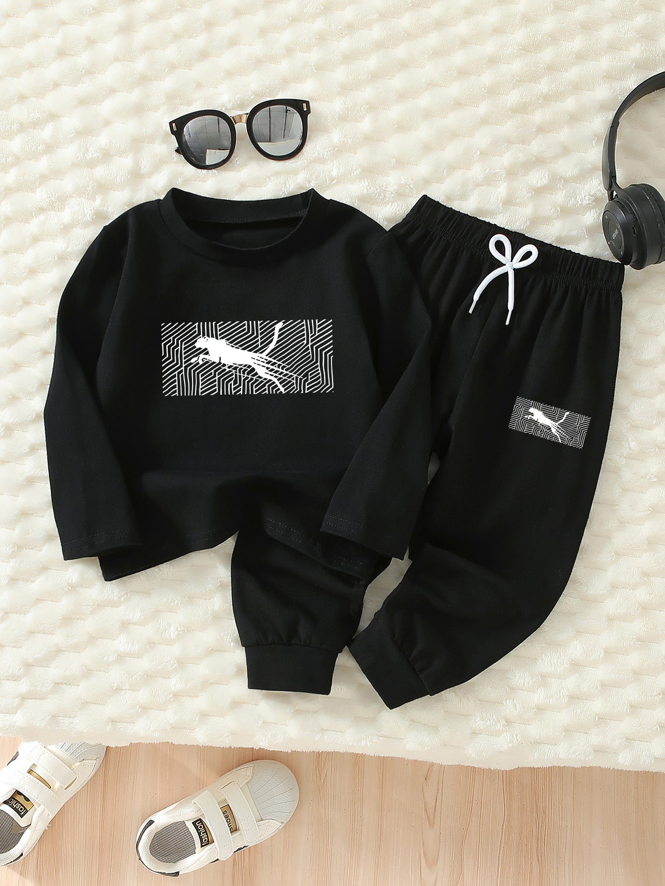 Boys' Casual Cheetah Print Cotton Long Sleeve Set for Spring