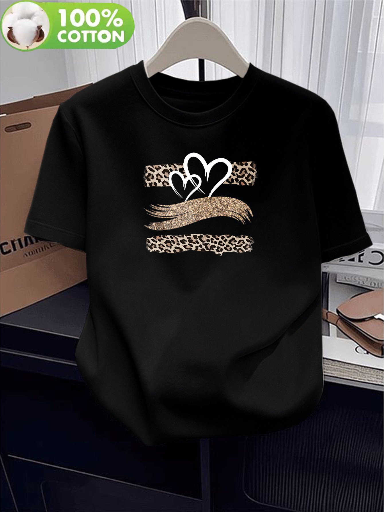 Women's Cotton Short Sleeve T-Shirt with Heart Leopard Print