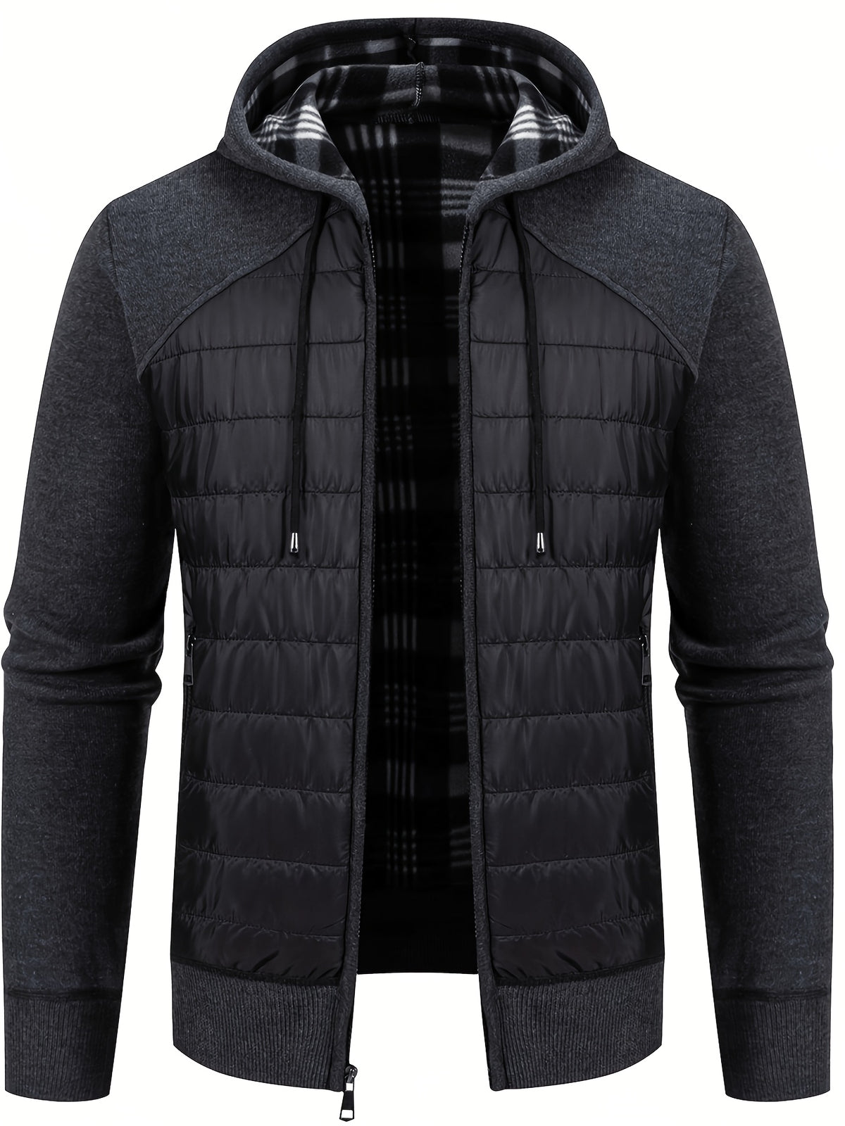 Men's Quilted Hooded Zip-Up Jacket with Plaid Lining for Winter