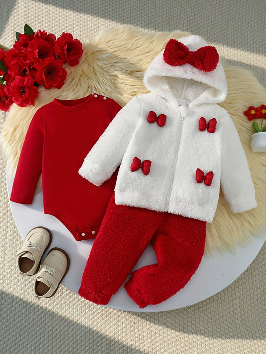 3pcs Girls' Winter Pants Set with Long Sleeve Bodysuit, Red Bow Decorated Zip-Up Hoodie + Casual Elastic Waist Pants, for Outdoor