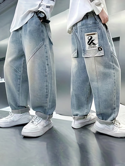 Casual Loose Straight Denim Pants for Boys with Large Pockets