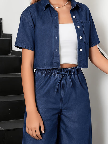 Girls' Casual 2-Piece Set: Short Sleeve Shirt & Wide-Leg Pants