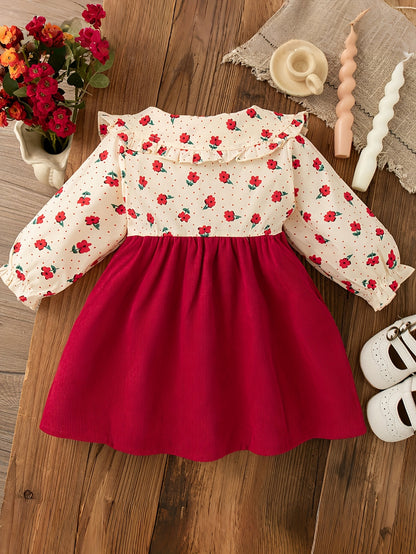 's Red & White Poinsettia & Star Print Dress with Ruffled Collar & Lace Trim - Long Sleeve A-Line Winter Party Dress for Christmas, New Year's, Photo Shoots - Soft Short Dress Outfit (Hand Washable Clothing)