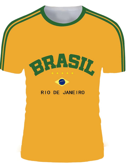 Men'S Casual Short-Sleeve T-Shirt with 3D Digital Printing, Round Neck, Brazilian Style, Made of Slightly Stretchy Polyester Knit Fabric, Suitable for Summer Outdoor Activities And Everyday Wear.