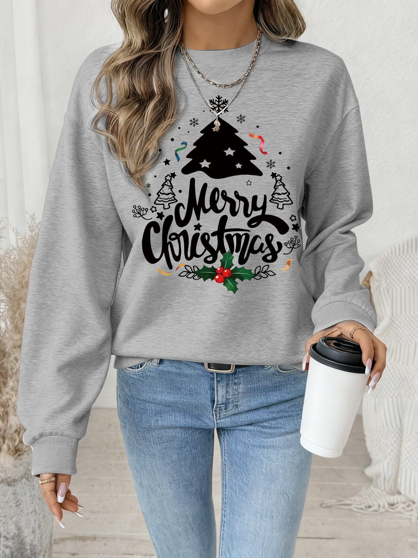 Women's Red Christmas Tree & Lettering Sweater - Cozy Winter Pullover with Round Neck Long Sleeve, Thickened Sweating-Reducing Blouse for Xmas Party Outfits, Family Gatherings (Machine Washable, Autumn/Winter Clothing)