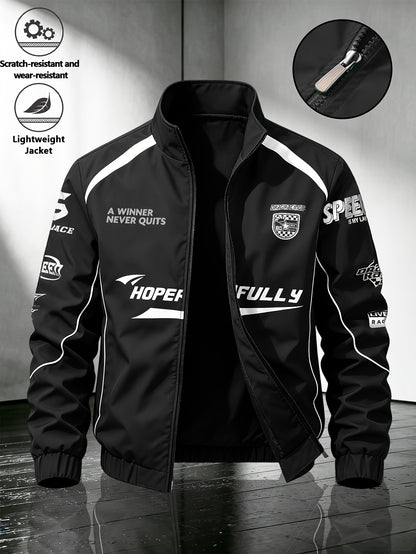 Men's Black Woven Stand Collar Bomber Jacket with Letter Badge