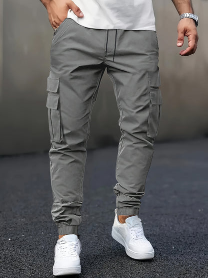 Men's Casual Solid Color Cargo Pants with Drawstring Waist