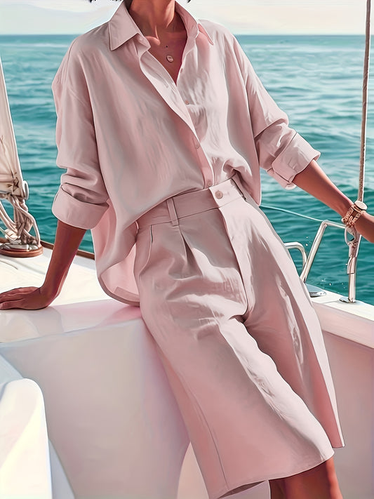 Women's Casual Polyester Button-Down Shirt & Shorts Set