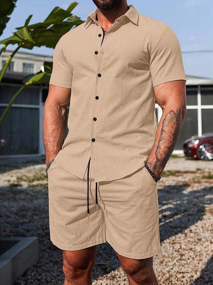 Men's Casual Solid Short Sleeve Shirt and Shorts Set