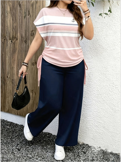 Women's Casual Two-Piece Set with Striped Bow Drawstring