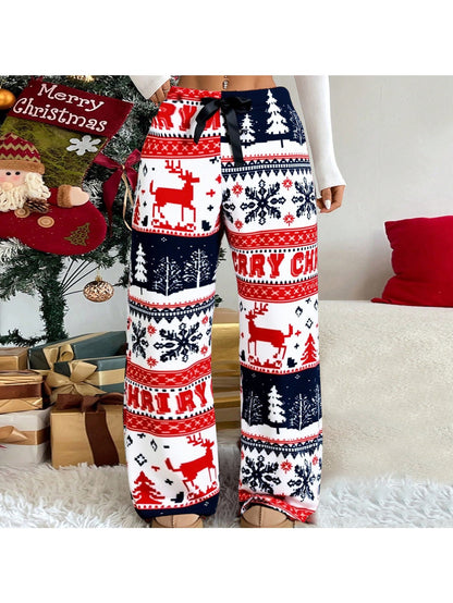 Women'S Winter Warmth Pants - Cozy Fleece-Lined Wide-Leg Trousers with Elastic Waist & Cuffed Hem, Red & Snowflake & Reindeer Print, Bohemian Style For Cold Weather, Winter Pants, Cold Weather Apparel, Soft Fabric Trousers, L