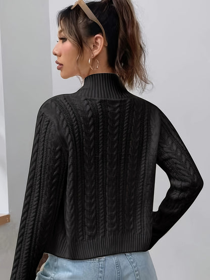 Women's Elegant Zip-Up Cable Cardigan with Stand Collar - Machine Washable Spring/Fall Jacket, White Solid Color, Braided Design & Zipper Front for Casual or Dressy Outfits, Cardigan Sweater, Autumn Layering Piece, Spring Out